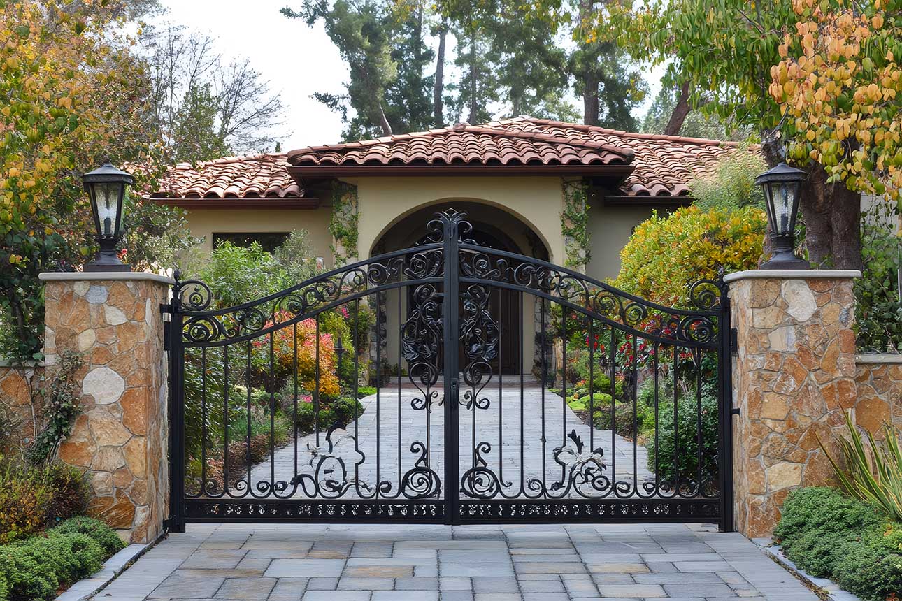 Portail en fer forgé avec un style traditionnel devant une maison