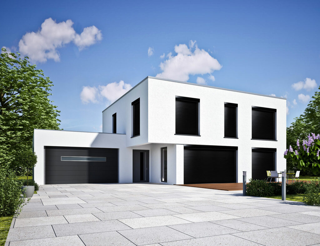 Volets roulants noirs sur maison moderne blanche avec façade épurée