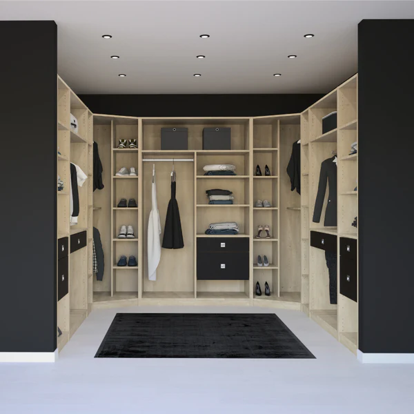 Dressing sur mesure en bois clair avec rangements ouverts et éclairage intégré - Clin Menuiserie