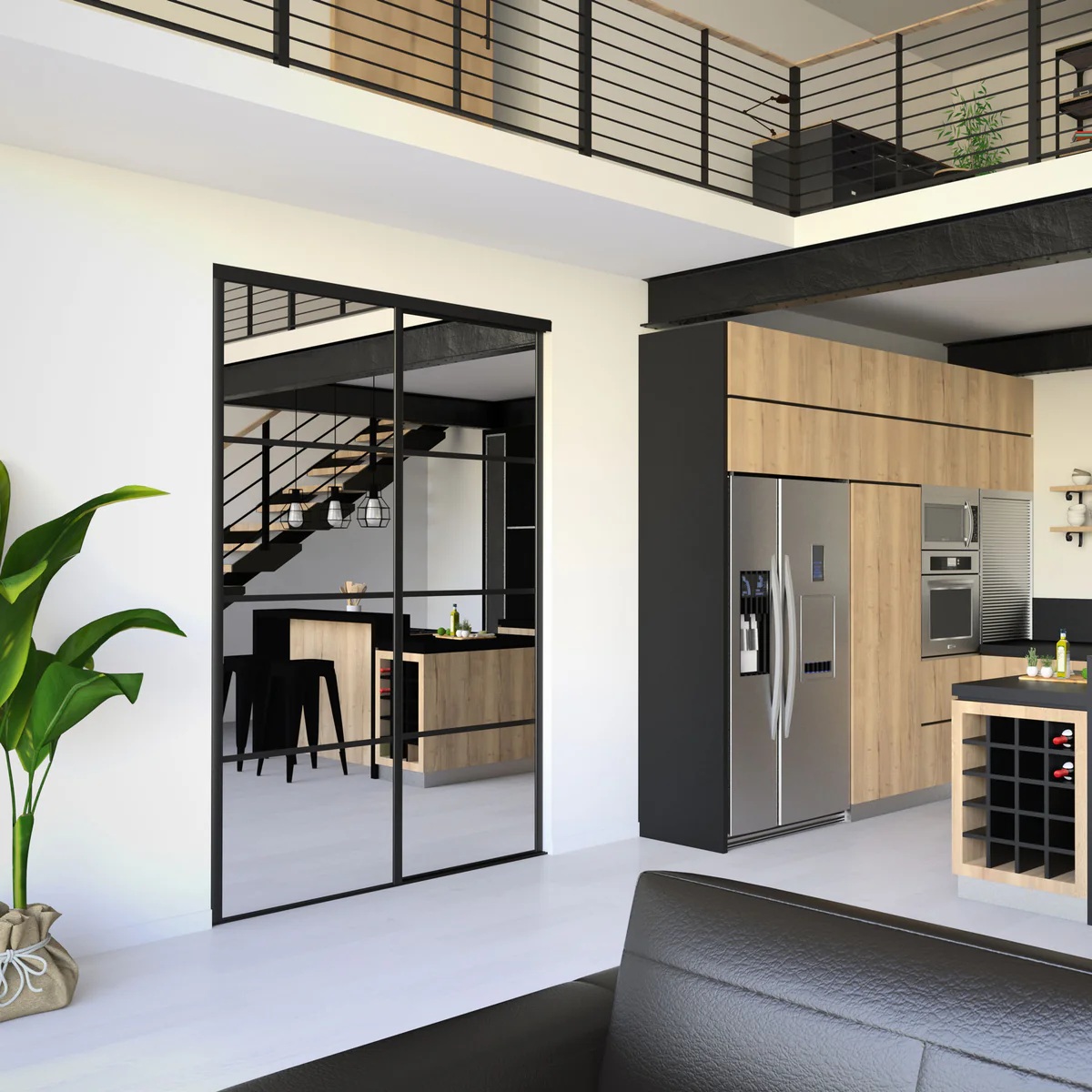 Porte coulissante vitrée noire type verrière dans un intérieur moderne avec cuisine ouverte