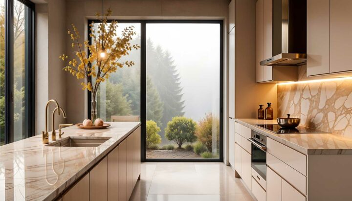 Cuisine moderne avec grande baie vitrée en aluminium donnant sur jardin boisé